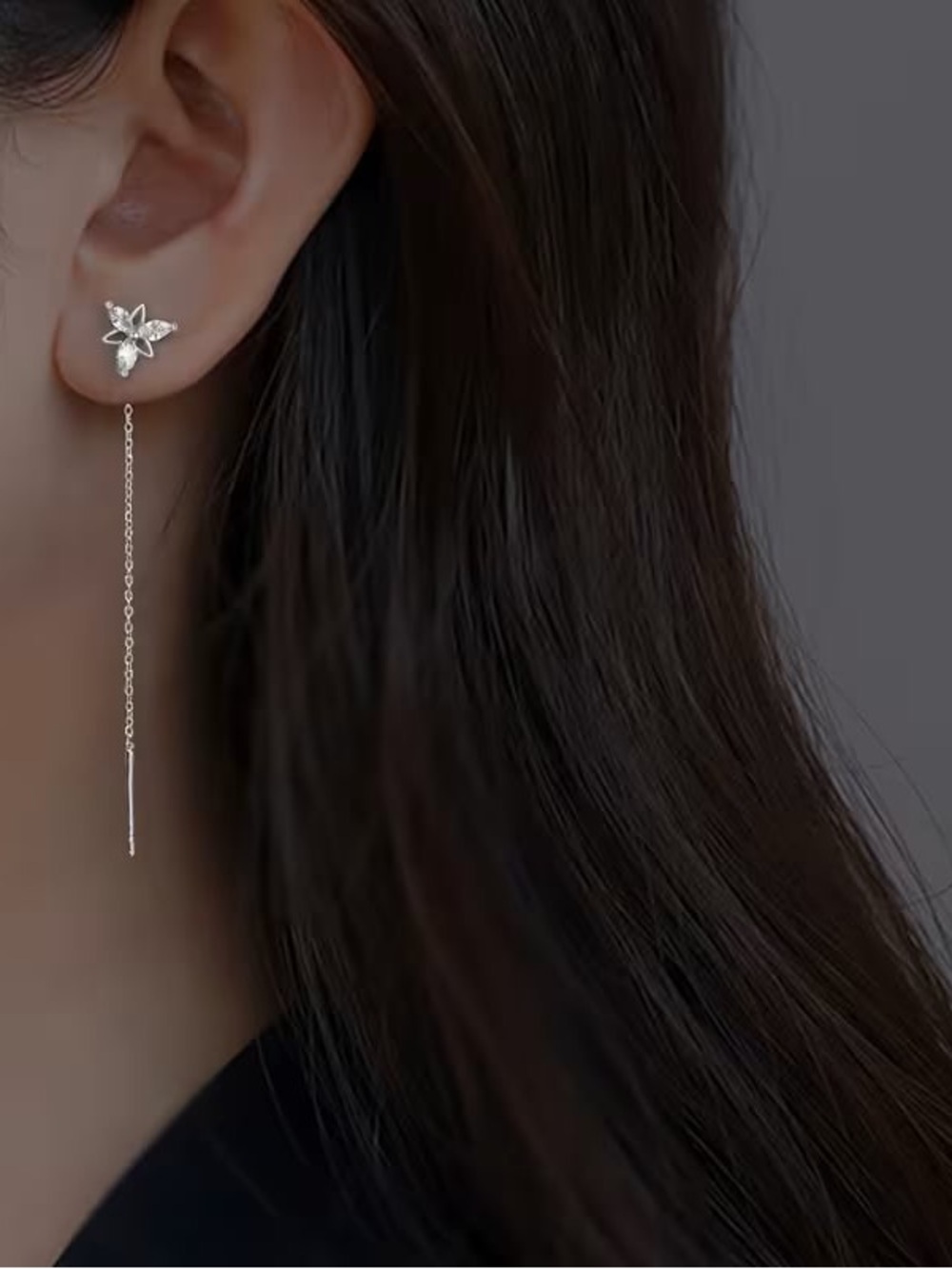 Delicate Silver Floral Threader Earrings - Elegant Drop Design